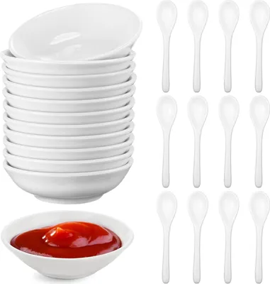 Produktbild von Set von 12 weißen Saucenschalen rund, Durchmesser 8 cm - Schüssel mit Löffel - Sojasaucenschalen - Sushischalen - Mini-Gewürzschalen - Kleine Teller für Dips