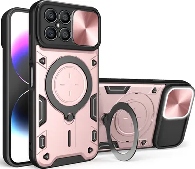 Produktbild von Handyhülle für Honor X8 4G Dual-Layer Stoßfest Rüstung Hülle mit Dia Kameraschutz und Kreisförmig Ring Ständer Roségold