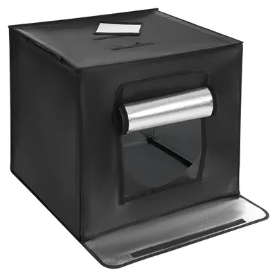 Produktbild von LED Fotozelt 60x60 cm - Lichtbox für Produktfotografie - Mit 2 dimmbaren 35 W Panels - Tageslicht 5500K CRI ≥85 - Mit 5 Hintergründen & Diffusor - Faltbar tragbar - EU-Stecker - Schwarz