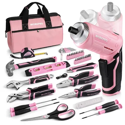 Produktbild von 53-tlg. Werkzeug Set Rosa mit Akkuschrauber klein, Werkzeugtasche gefüllt für Haushalt Reparatur