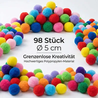 Imagen del producto de Pompones de colores, de 5 cm de diámetro, en un paquete de 98 unidades, ideales para proyectos de manualidades creativas