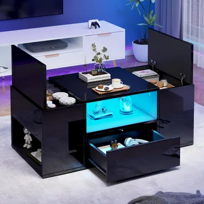 Produktbild von Merax Hochglanze Couchtisch mit LED, Wohnzimmertisch mit 1 Schublade und 2 Schränke, Beistelltisch mit 6 Staufächer, moderner Sofatisch, Schwarz