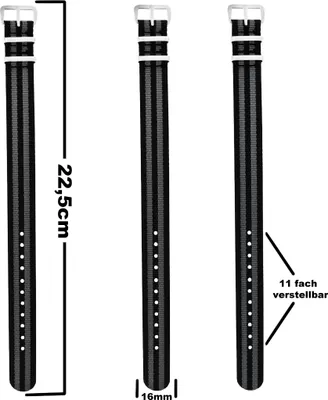 Produktbild von Pacific Time Uhrenarmband Wechselarmband Textil Nylon 16mm grau schwarz 10041