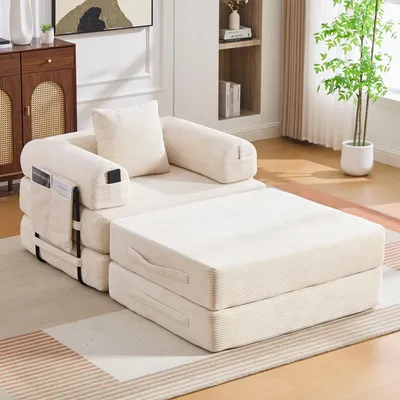 Produktbild von Cord-Kompressionssessel mit Hocker Metallrahmen Seitentasche Kissen 112x190x67 cm beige
