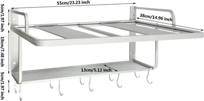 Immagine prodotto di Ripiano in alluminio per microonde - Scaffale da cucina da montare a parete - 2 ripiani - Con 10 ganci - Adatto per microonde e per riporre oggetti