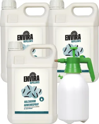 Produktbild von Envira Holzwurm Abwehrspray 3 x 5L + 2L Drucksprüher - Spray mit Langzeitwirkung gegen Holzbock & Holzwurm