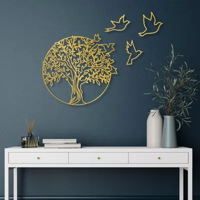 Image de Wallity, Tree And Birds 4, décoration murale, or, métal, 61 x 56 cm