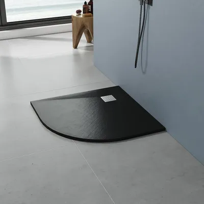 Produktbild von Viertelkreis Duschwanne Brausewanne Duschtasse SMC Duschwannen Rutschfest Steinoptik Schwarz für Runddusche 90 x 90 cm