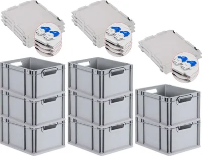 Produktbild von SuperSparSet 8x Eurobox NextGen Economy mit Scharnierdeckel und blauen Schiebeschnappverschlüssen | Griffe offen | HxBxT 22x30x40cm | 20 Liter | Eurobehälter, Transportbox, Transportbehälter, Stapelbehälter