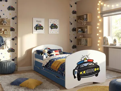 Immagine prodotto di Lettino Happy Babies con spondina di sicurezza per bambino, 140x70 cm, per cameretta con cassetto, materasso per lettino singolo, blu, Polizia | Auto | Cars