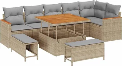 Image de vidaXL Ensemble de canapé de jardin avec coussins 9 pcs Beige Poly Rattan