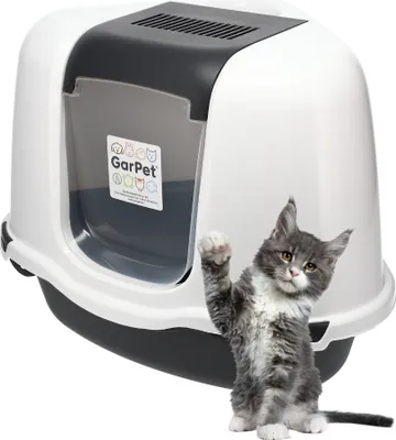 Produktbild von Katzenklo Ecke Große platzsparende Eck Katzentoilette mit Deckel Katzen WC Haube Ecktoilette inkl. Filter Schaufel XXL