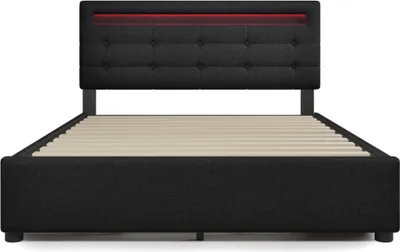 Produktbild von Flieks Polsterbett 140x200cm mit LED und höhenverstellbarem Kopfteil, Doppelbett mit Lattenrost und 4 Schubladen, Stauraumbett Leinen, Grau