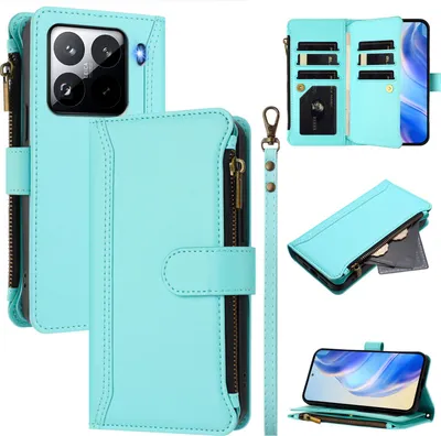 Produktbild von Handyhülle für Xiaomi 15 Pro Reißverschluss Geldbörse Kunstleder Klapphülle mit Kartensteckplatz, Ständer, Handschlaufe Türkis