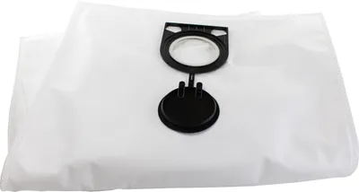 A white vacuum cleaner bag with a black connector is shown against a white background.