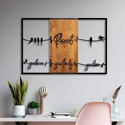 Produktbild von Wallity, RespectYour HomeYour FamilyYour Love 1, Dekoratives Wandaccessoire aus Holz, 100 % HOLZ / METALL, Nussbaum, 88 x 57 cm