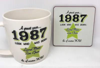 Mok & Untersetzer Set Jahrgang 1987, Keramik, 1 Stück