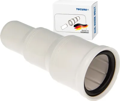 A white plastic pipe adapter with a black rubber seal, shown with its packaging in the background.