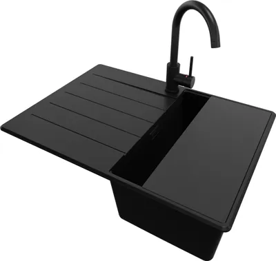 Produktbild von PRIMAGRAN Granitspüle Alles Schwarz 70x50cm, Spülbecken 1 Becken + Ablauf-Set + Küchenzubehörset, Küchenspüle ab 40er Unterschrank - Kopenhagen