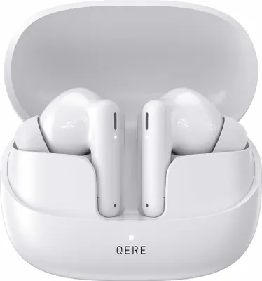 A pair of white wireless earbuds in their charging case.