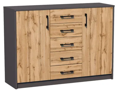 Image de Commode 5 tiroirs et 2 portes finition mate, commode largeur 110cm armoire bois sideboard highboard commode avec tiroirs chêne graphite