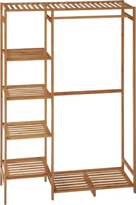 Image de Porte-manteau en bambou - Porte-manteau sur pied - 6 étagères - tringle à vêtements - 90×30×145 cm - Rangement dans le couloir - bois naturel