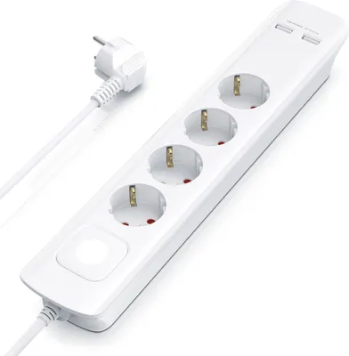 A white power strip with four outlets and a plug is shown on a white background.