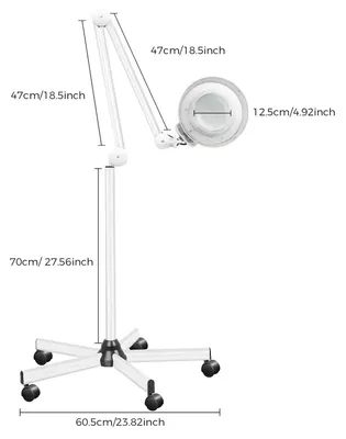 Produktbild von LED Lupenleuchte - Standlupe mit Rollstativ - 5x Vergrößerung 5 Dioptrien - 12,5 cm Glaslinse - Arbeitslampe für Kosmetik - Weiß
