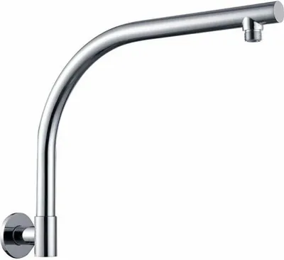 A chrome shower arm mounted on a white background.