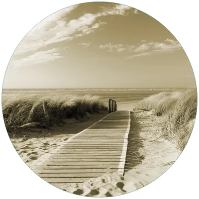 Produktbild von Wallario Premium Glasbild, freischwebende Optik, kräftige Farben, rund 50cm Durchmesser, Motiv Auf dem Holzweg zum Strand in Sepiafarben