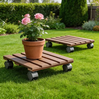 Produktbild von YZNAHRE Pflanzen Rollbrett Quadratisch 2x Pflanzenroller WPC Blumenroller 30cm Blumentopf Untersetzer mit Rollen Außenbereich MAX. 100KG, Braun