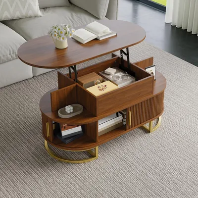 Produktbild von Merax höhenverstellbare Couchtisch mit Schiebetüren, oval Sofatisch mit Hydraulik-Hubplatte, Wohnzimmertisch mit Stauraum, Beistelltisch MDF, Nussbaum