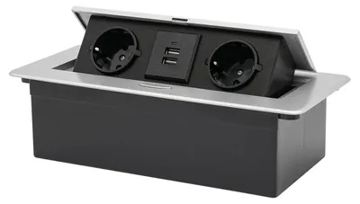 Produktbild von Einbau Pop Up-Steckdose - Versenkbare Tischsteckdose - 2x Schuko 250V 16A - 2x USB 5V 2,1A - Arbeitsplatte & Schreibtisch - Ohne Netzkabel - Silber