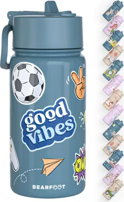 Produktbild von Trinkflasche Kinder Edelstahl mit Strohhalm, Thermosflasche 400ml - BPA frei, auslaufsicher, Kleinkinder, Mädchen & Jungen Wasserflasche-Sticker blau