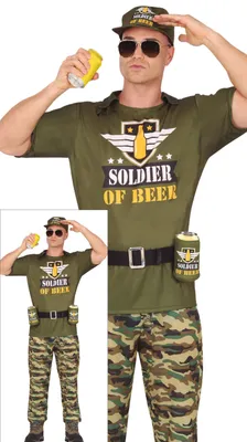 Imagen del producto de Traje de fiesta temático militar, ideal para despedidas de soltero, fiestas y aventuras. Incluye pantalón de camuflaje. Talla: 48 - 50 (M). Color: Verde