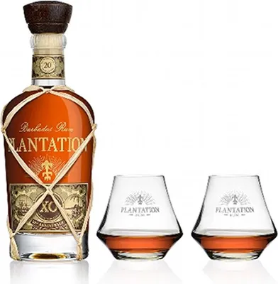 A bottle of Plantation Barbados Rum and two glasses filled with rum, presented on a white background.