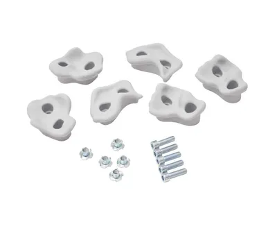 A set of climbing holds and hardware on a white background.