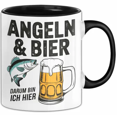 Produktbild von Angeln Fischer Bierliebhaber Tasse Geschenk Lustige Geschenkidee Spruch Angeln Und Bier Darum Bin Ich Hier (Schwarz)