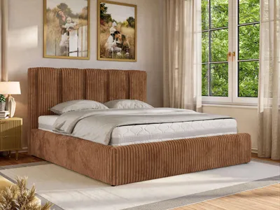 Immagine prodotto di Letto imbottito SAVINO CLASSIC di MKS MEBLE con contenitore e vano portaoggetti, letto matrimoniale 160 x 200 cm, molle a gas, rete a doghe inclusa, letto matrimoniale moderno - Velluto arancione