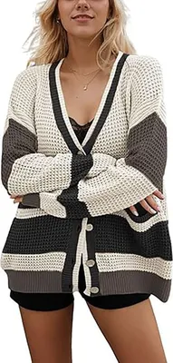 Produktbild von ASKSA Damen Pullover Strickjacken V-Ausschnitt Farbblock Langarm Strick Cardigan Casual Knopfleiste Strickmantel (Schwarz,M)