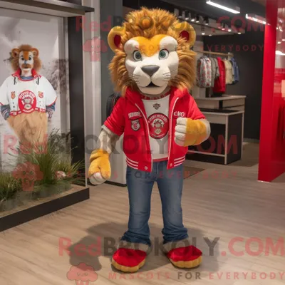 Produktbild von Maskottchen REDBROKOLY eines roten Löwen mit Bootcut-Jeans und Halsketten