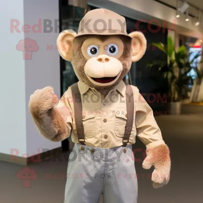 Produktbild von Beiger REDBROKOLY Affen Maskottchen Kostüm charakter bekleidet mit Latzhose und Hüten