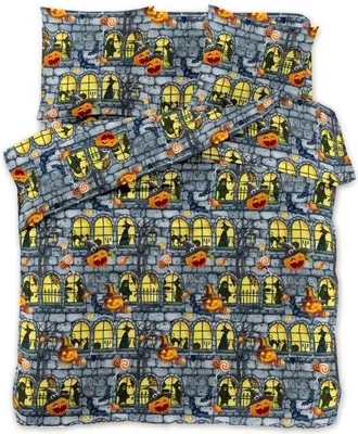 A folded Halloween-themed duvet cover and pillowcase set.