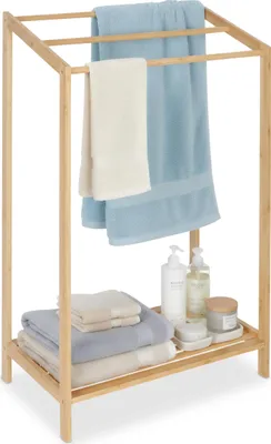 Zdjęcie produktu dla Wieszak na ręczniki Relaxdays z bambusa, 3 drążki, z półką, wymiary: 86 x 52,5 x 32 cm, wolnostojący, wieszak na ręczniki kąpielowe, kolor naturalny