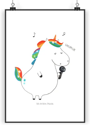 Produktbild von Mr. & Mrs. Panda Bild Einhorn Sänger DIN A5 - Weiß - Geschenk, Unicorn, Plakat, Disco, Wandbild, wanddeko, Party, Geburtstag, Posterdruck, kunstdruck poster, Einhörner