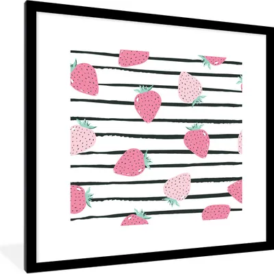 Produktbild von MuchoWow® Gerahmtes Poster Sommerlich - Erdbeeren - Rosa - Streifen 40x40 cm - Poster mit Schwarzem Bilderrahmen Wandposter Rahmen Foto Bilder - Poster - Plakat im Rahmen