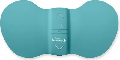 A teal-colored device with controls and text is shown against a white background.