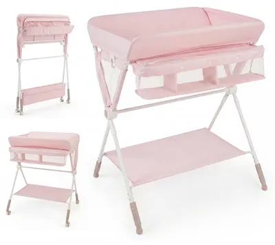 Produktbild von COSTWAY 3 in 1 Wickeltisch, Wickelkommode mit Rollen, Wickelstation höhenverstellbar mit Regal & Aufbewahrungskorb, Wickelauflage bis 11 kg, Rosa