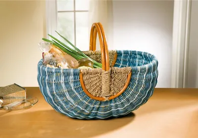 Produktbild von Frank Flechtwaren Einkaufskorb 107435 Blau Natur Rattankorb Bügelkorb