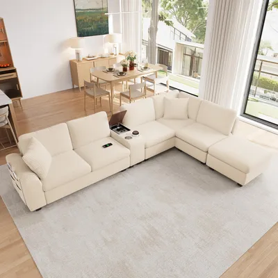 Produktbild von STILVORA Wohnlandschaft 6-Sitzer in U-/L-Form mit Stauraum-Ottomane, Ecksofa mit Mittelkonsole und USB/Type-C, Modulares Sofa mit Getränkehaltern, Cordstoff, Beige